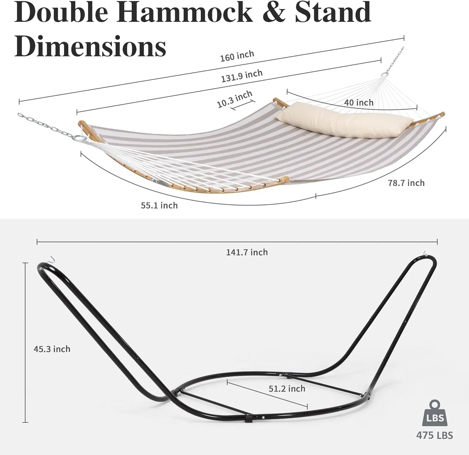 SUNCREAT Hammocks Outdoor Quick Dry Hammock with Stand Included, 475 lbs Capacity, Heavy Duty Double Hammock with Stand, Patent Pending, Light Coffee Stripes