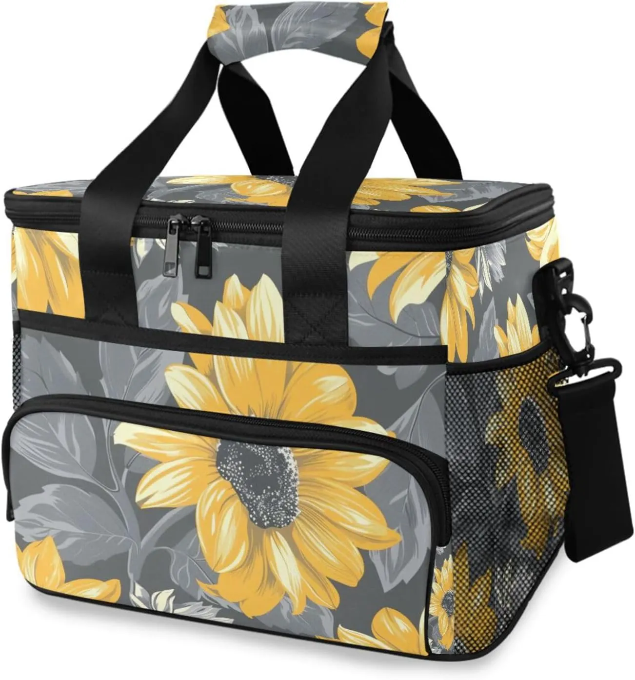 Sunflowers Grey Leaves Cooler Bag Insulated Cooler Soft Sided Cooler 24 Can Portable Picnic Bag Large Leakproof Lunch Bag Box for Beach Grocery Camping Travel Car Men Women