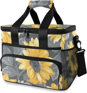 Sunflowers Grey Leaves Cooler Bag Insulated Cooler Soft Sided Cooler 24 Can Portable Picnic Bag Large Leakproof Lunch Bag Box for Beach Grocery Camping Travel Car Men Women