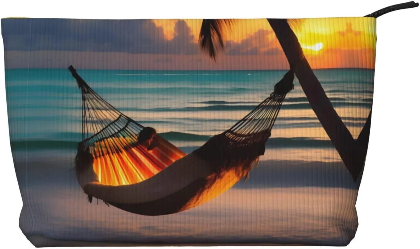 Sunset beach hammock Printed corduroy cosmetic bag - travel essential cosmetic storage bag