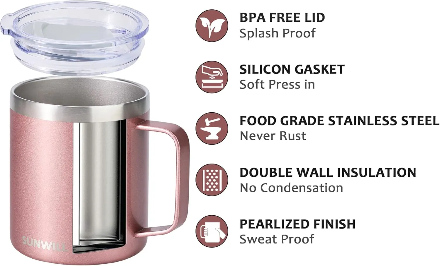 SUNWILL Travel Coffee Mug with Lid, Insulated Tumbler with Handle, 14 oz Stainless Steel Cup Set of 2 for Camping, Outdoor, Cool Grey & Rose Gold 2 Pack