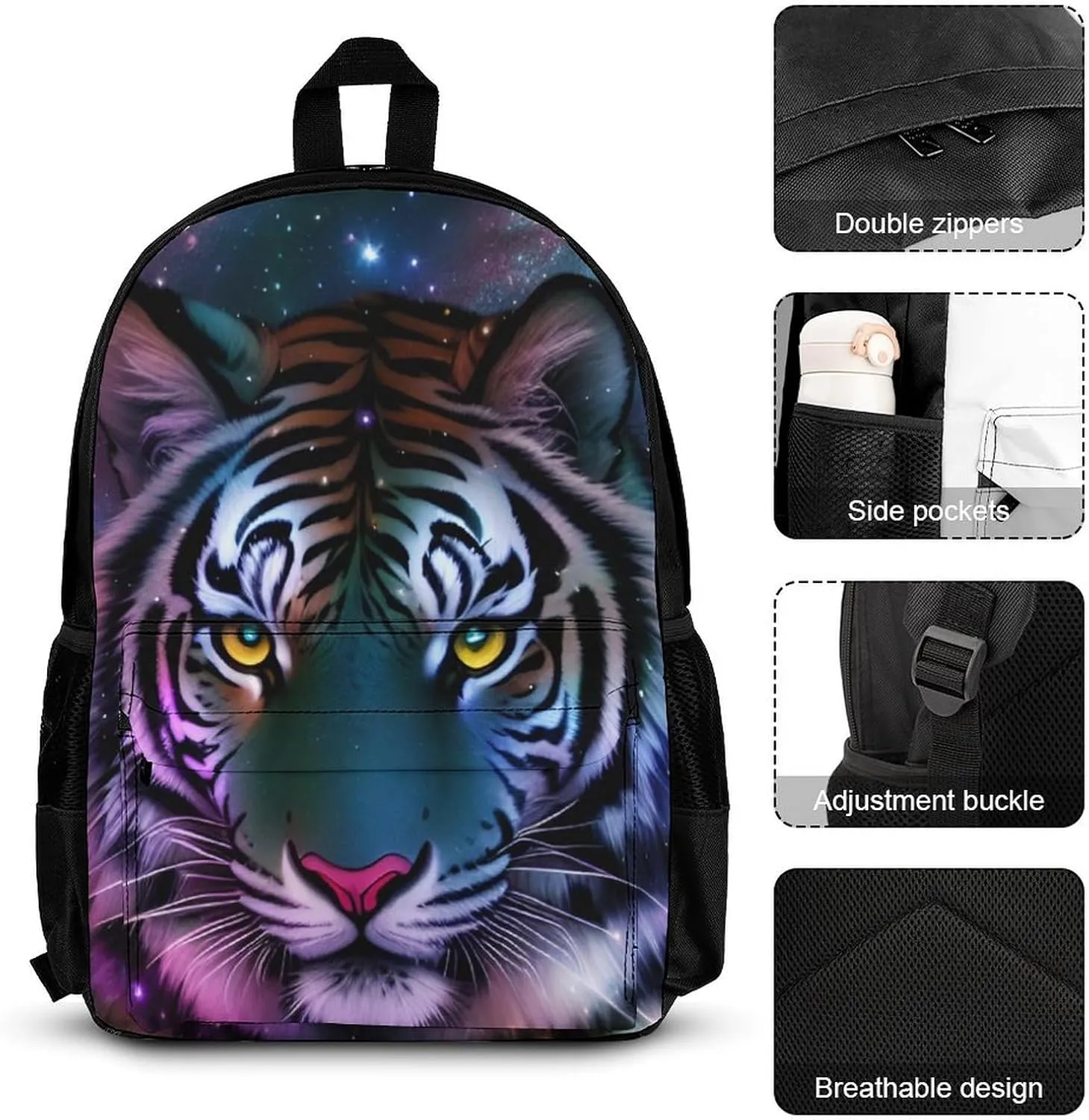 Supdreamc Daypack Backpack Sets, Backpack   Lunch Bag   Pencil Case for Gym Picnic Bicycle, Mystic Fantasy Galaxy Sky Fantasy Wild Animals Tiger Art Traveling & Camping Backpack for Men & Women