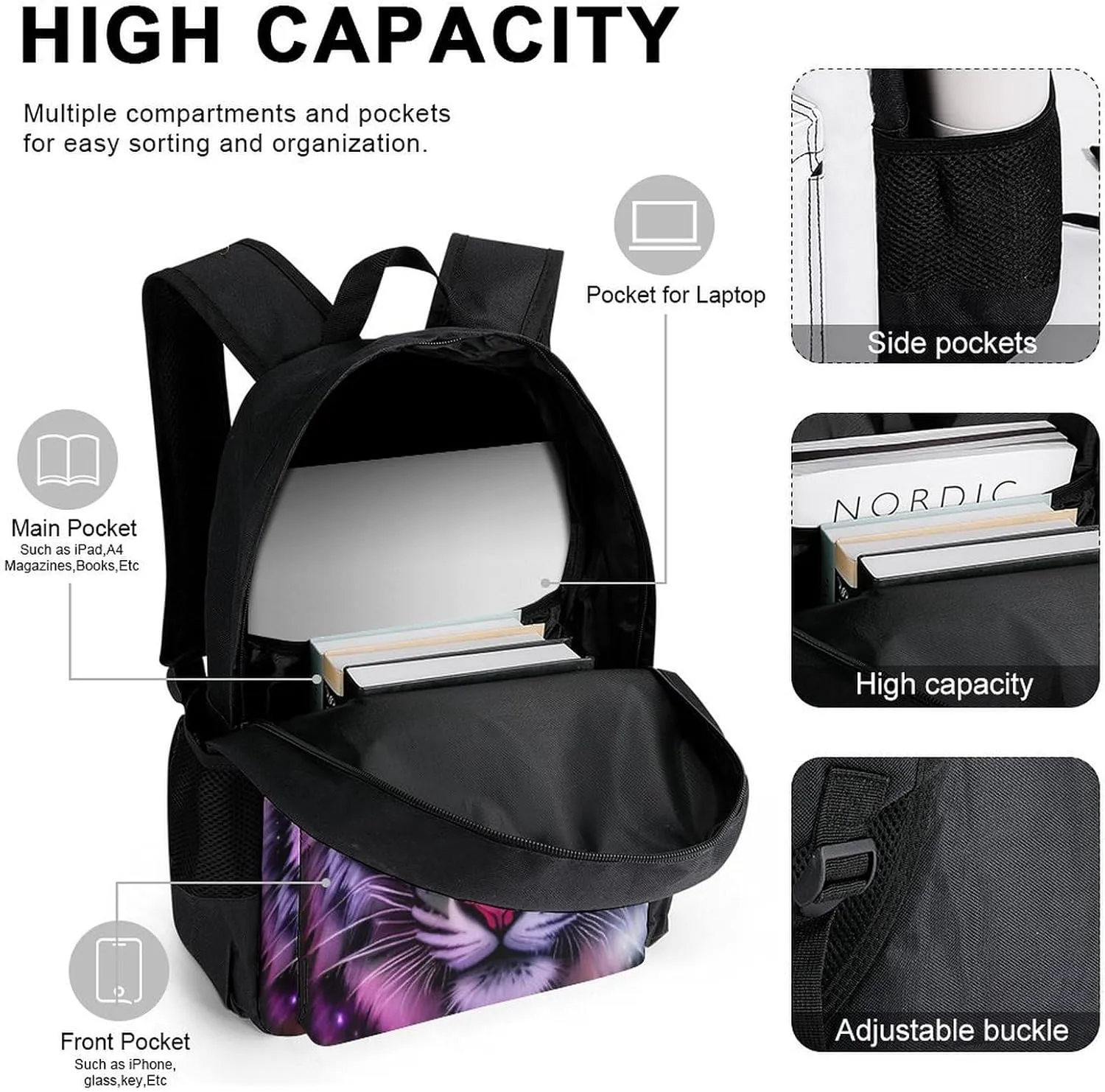 Supdreamc Daypack Backpack Sets, Backpack   Lunch Bag   Pencil Case for Gym Picnic Bicycle, Mystic Fantasy Galaxy Sky Fantasy Wild Animals Tiger Art Traveling & Camping Backpack for Men & Women