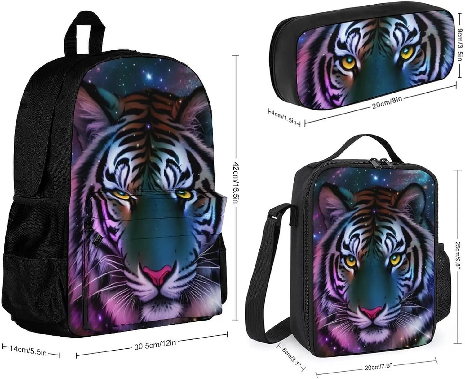 Supdreamc Daypack Backpack Sets, Backpack   Lunch Bag   Pencil Case for Gym Picnic Bicycle, Mystic Fantasy Galaxy Sky Fantasy Wild Animals Tiger Art Traveling & Camping Backpack for Men & Women