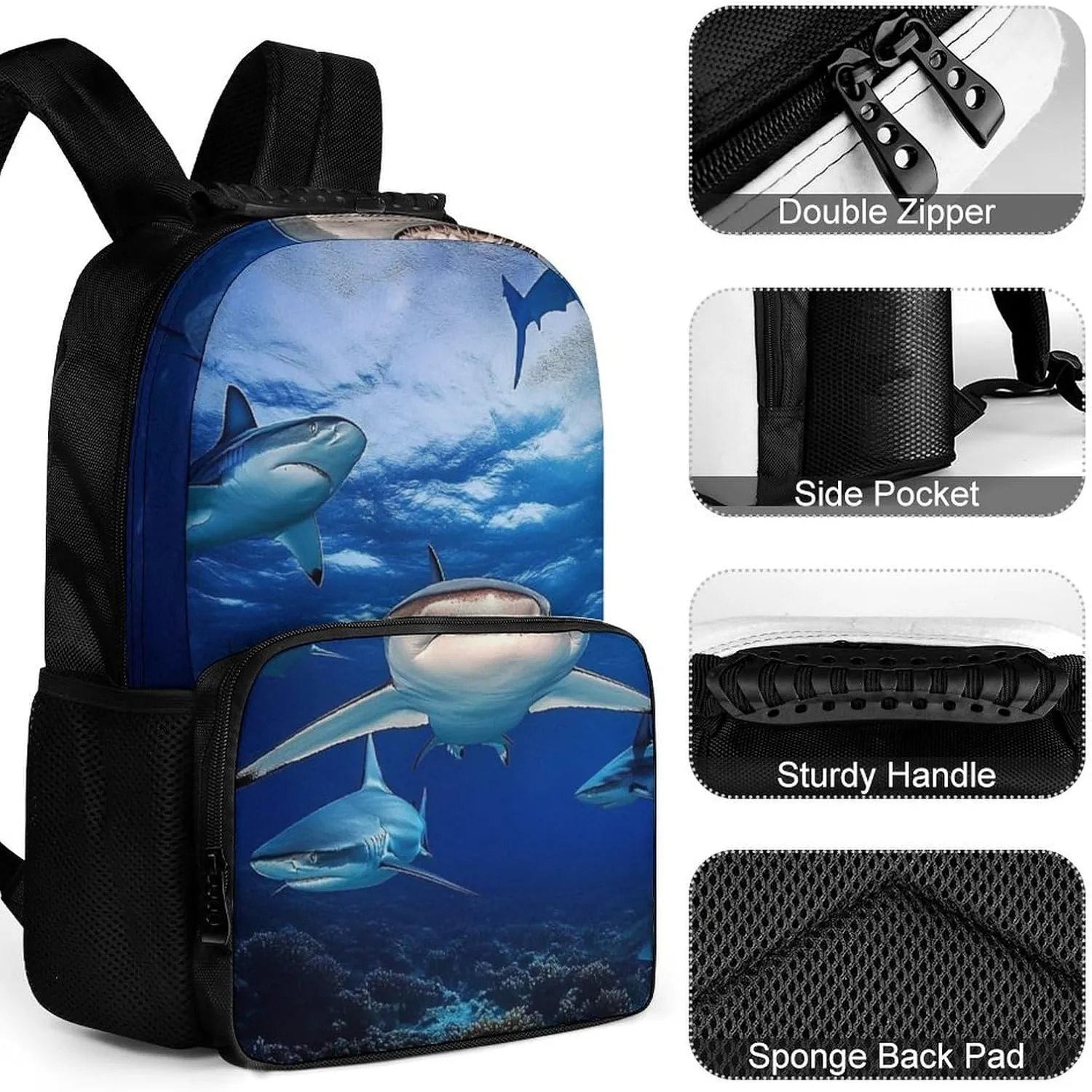 Supdreamc Lightweight Rucksacks for Camping Picnic Walking Cycling - Large Capacity Multipurpose Anti-Theft Carry On Bag, Blue Ocean Sea Shark Travel Hiking & Camping Rucksack