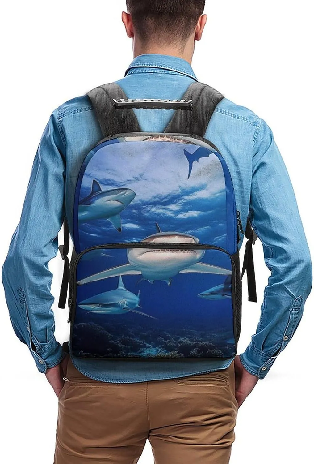 Supdreamc Lightweight Rucksacks for Camping Picnic Walking Cycling - Large Capacity Multipurpose Anti-Theft Carry On Bag, Blue Ocean Sea Shark Travel Hiking & Camping Rucksack