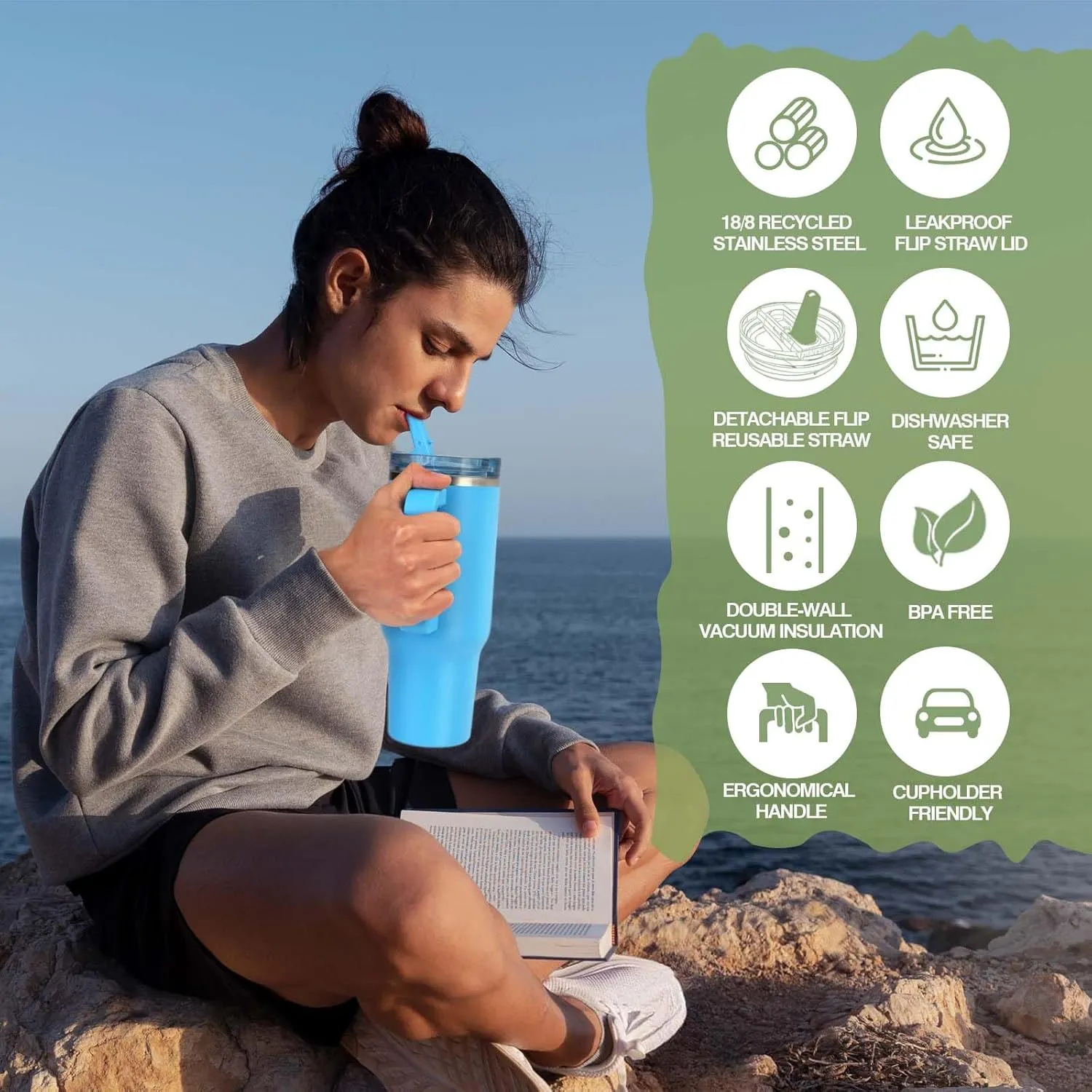 Sursip 40 oz Tumbler with Handle and Flip Straw, 100% Leakproof Lid Insulated Cup Stainless Steel Water Bottle for Cold Drinks Travel Mug, BPA-Free, Dishwasher Safe