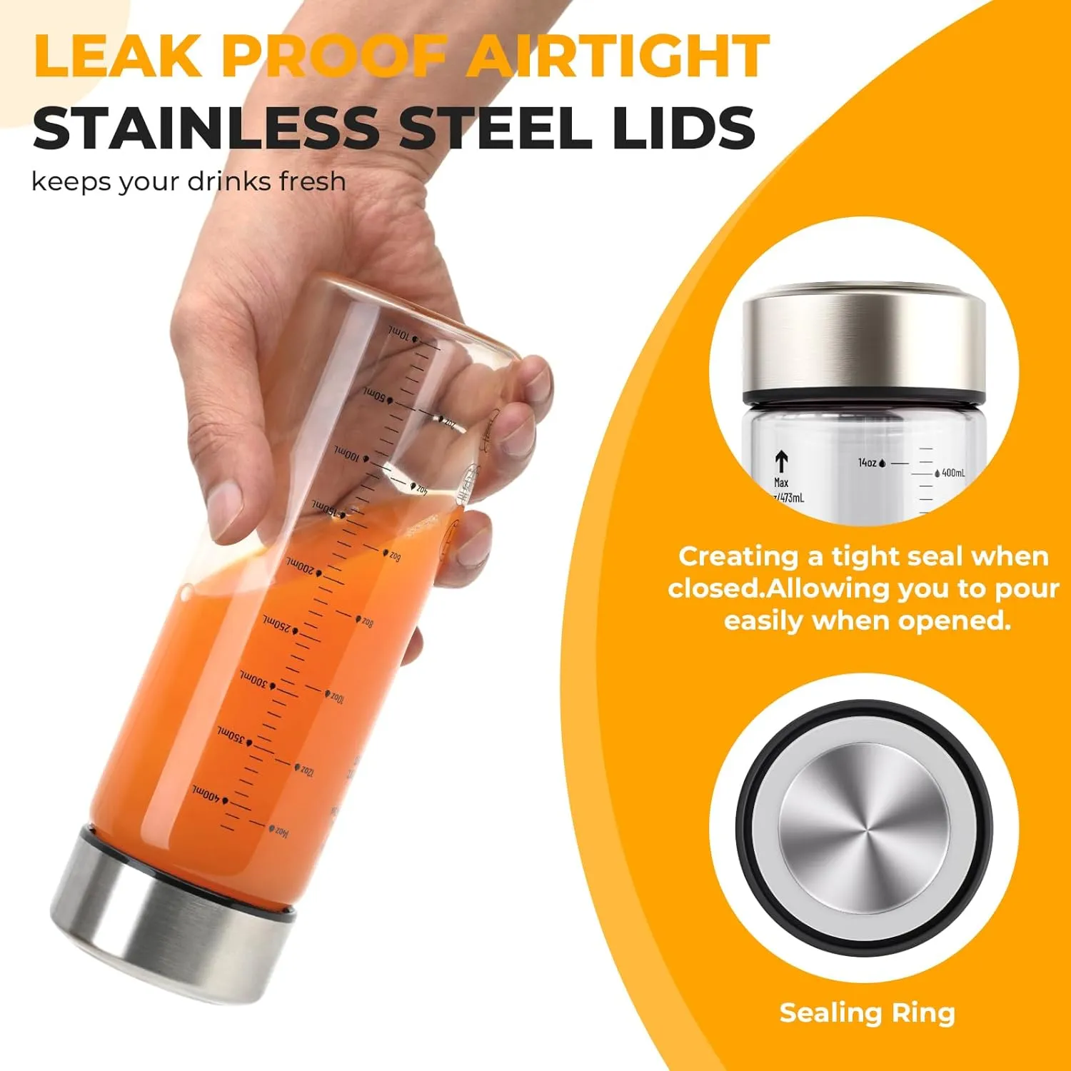 Sursip Glass Juice Bottles 6 Pack 16 oz – Wide Mouth Reusable Bottles with Stainless Steel Lids – Heat-Resistant Borosilicate Glass, BPA Free, Leakproof for Juicing, Smoothies, Milk, Infused Water