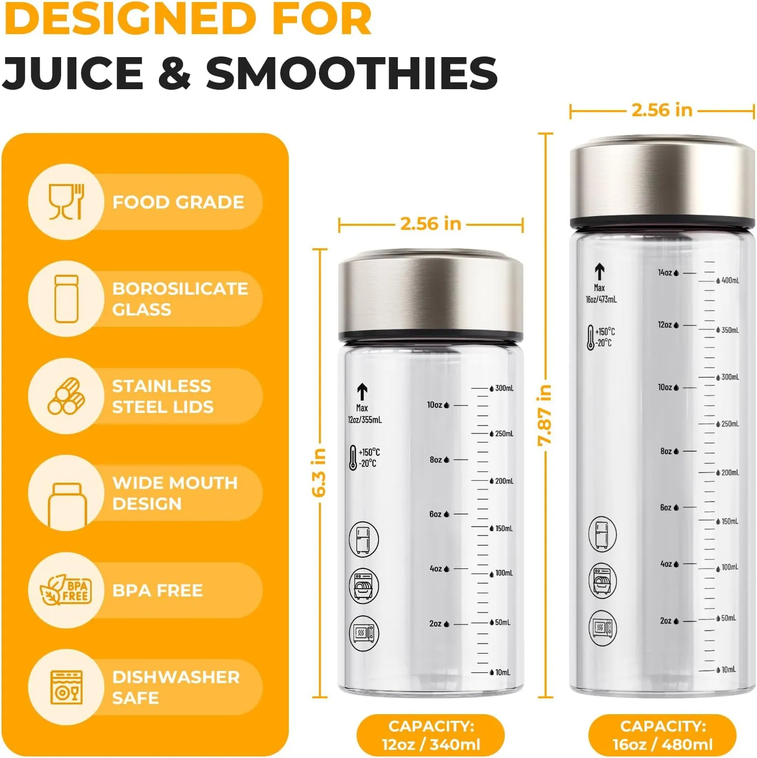 Sursip Glass Juice Bottles 6 Pack 16 oz – Wide Mouth Reusable Bottles with Stainless Steel Lids – Heat-Resistant Borosilicate Glass, BPA Free, Leakproof for Juicing, Smoothies, Milk, Infused Water