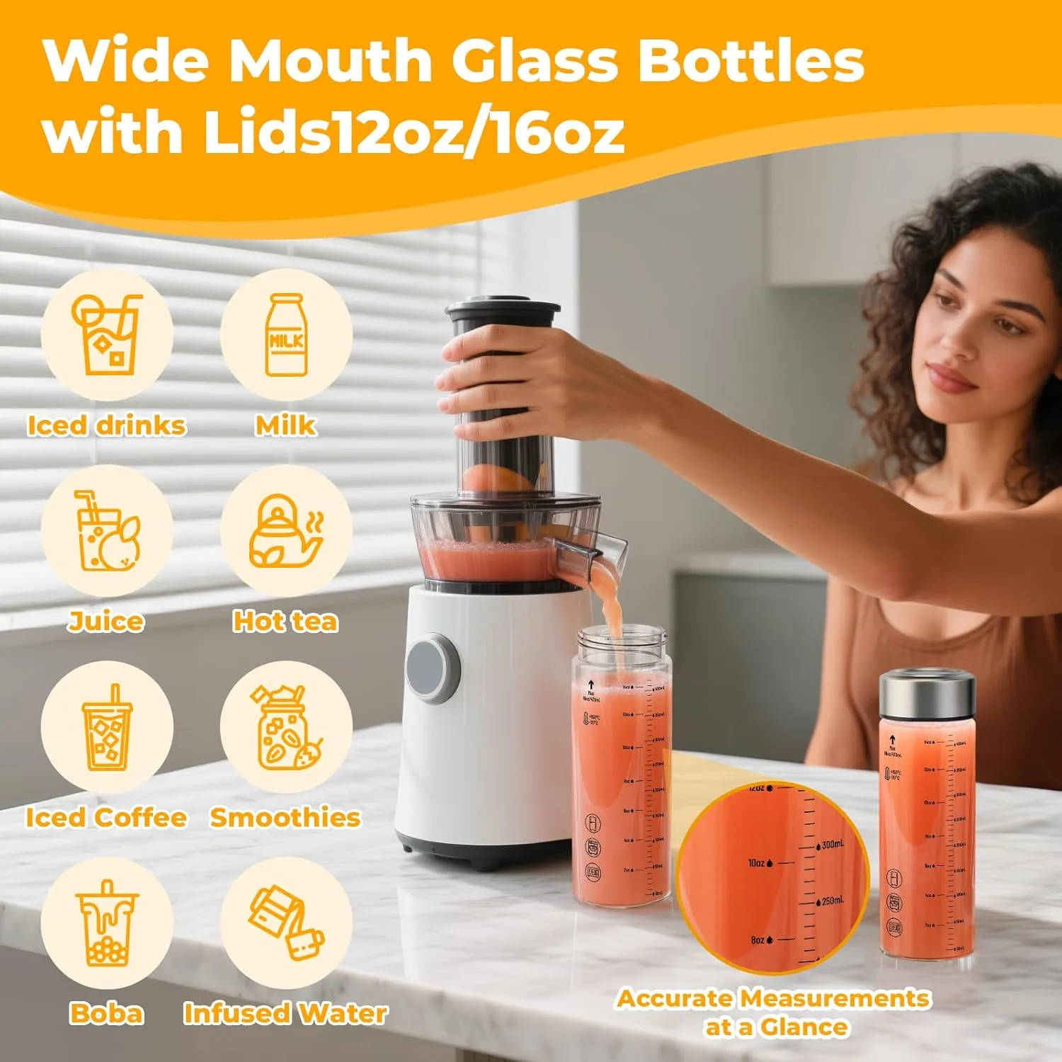 Sursip Glass Juice Bottles 6 Pack 16 oz – Wide Mouth Reusable Bottles with Stainless Steel Lids – Heat-Resistant Borosilicate Glass, BPA Free, Leakproof for Juicing, Smoothies, Milk, Infused Water