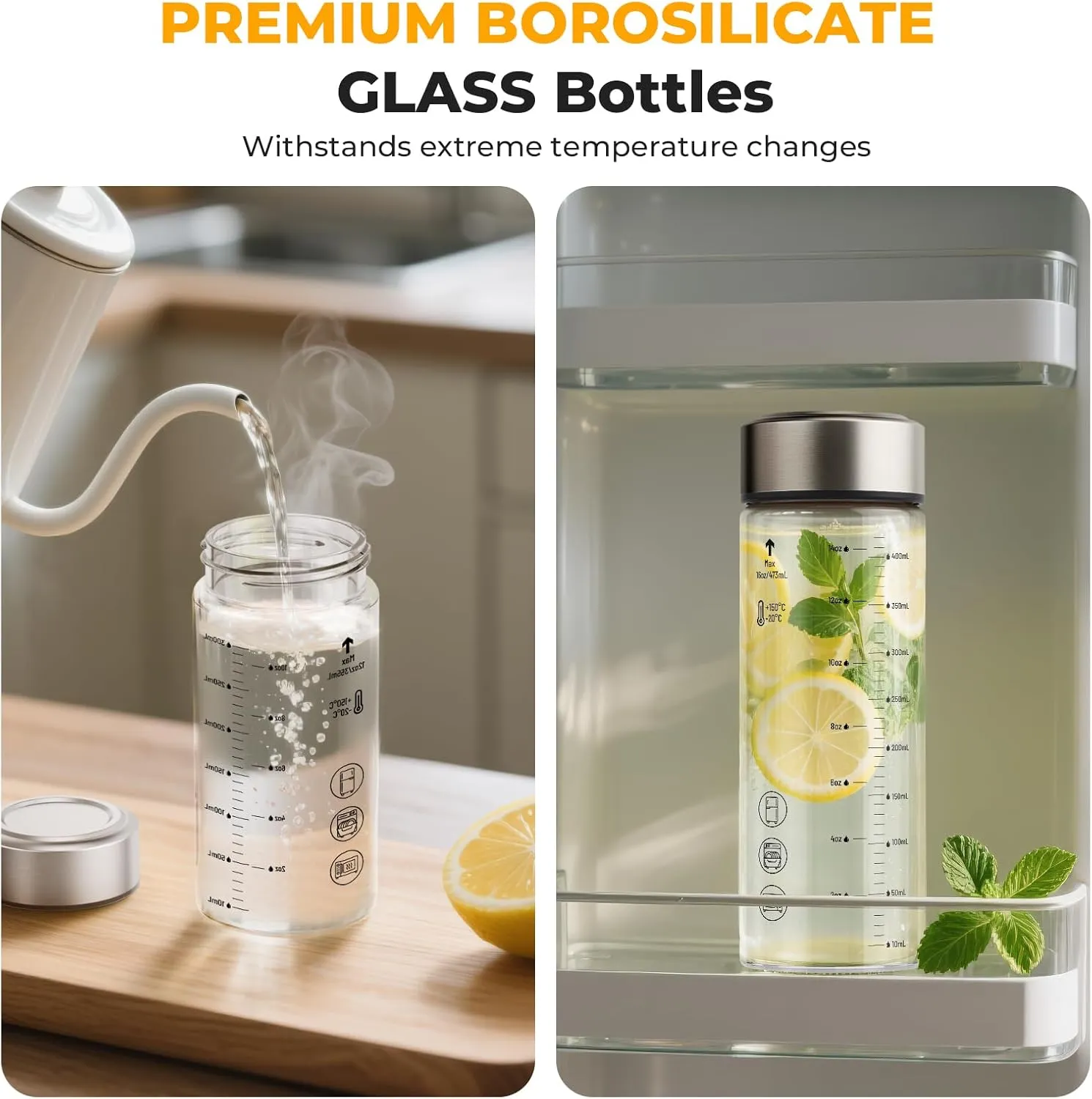 Sursip Glass Juice Bottles 6 Pack 16 oz – Wide Mouth Reusable Bottles with Stainless Steel Lids – Heat-Resistant Borosilicate Glass, BPA Free, Leakproof for Juicing, Smoothies, Milk, Infused Water