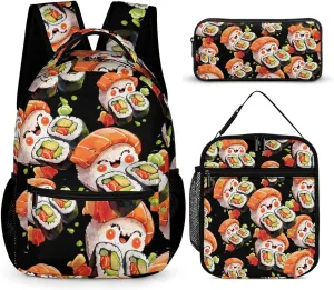 Sushi Food Cute Backpack Set with Lunch Bag and Pencil Case Lightweight Bags Sets