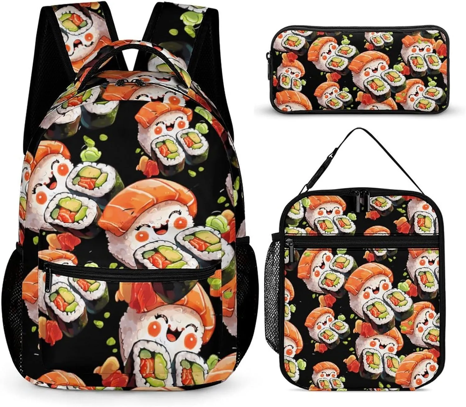 Sushi Food Cute Backpack Set with Lunch Bag and Pencil Case Lightweight Bags Sets
