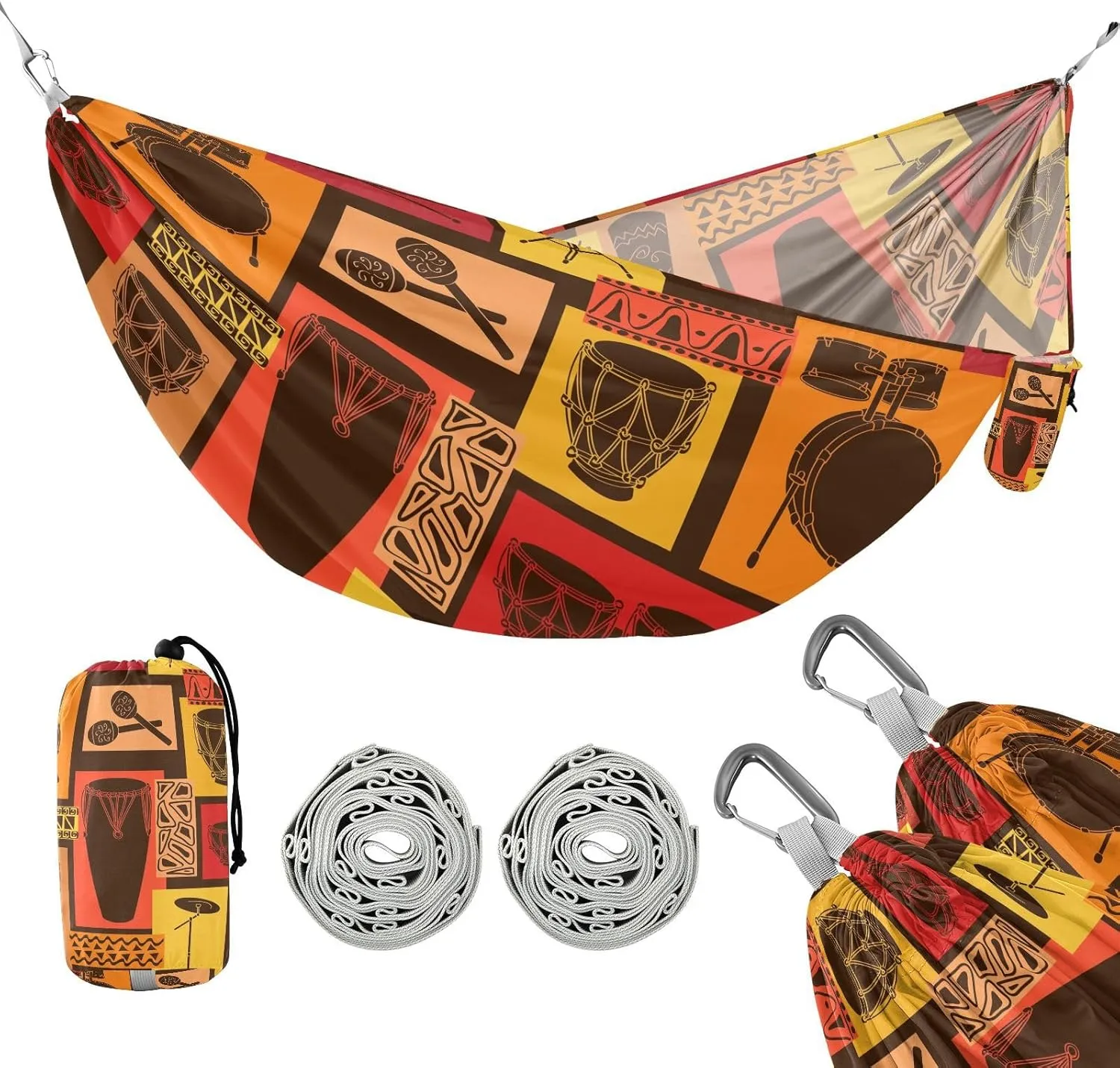 susiyo Portable Camping Hammock Abstract Musical Drum Percussion Sets Printed Lightweight Hammock Comfortable Travel Swing with Tree Straps for Camping Hiking Backpacking Travel or Beach - Up to 330lb