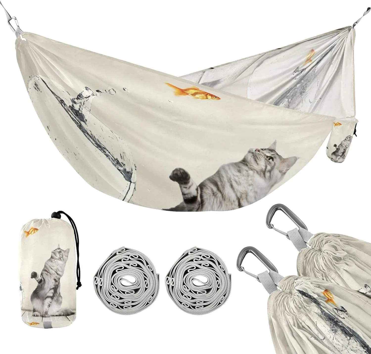 susiyo Portable Camping Hammock Animal Funny Cute Cat Fish Printed Lightweight Hammock Comfortable Travel Swing with Tree Straps for Camping Hiking Backpacking Travel or Beach - Up to 330lbs