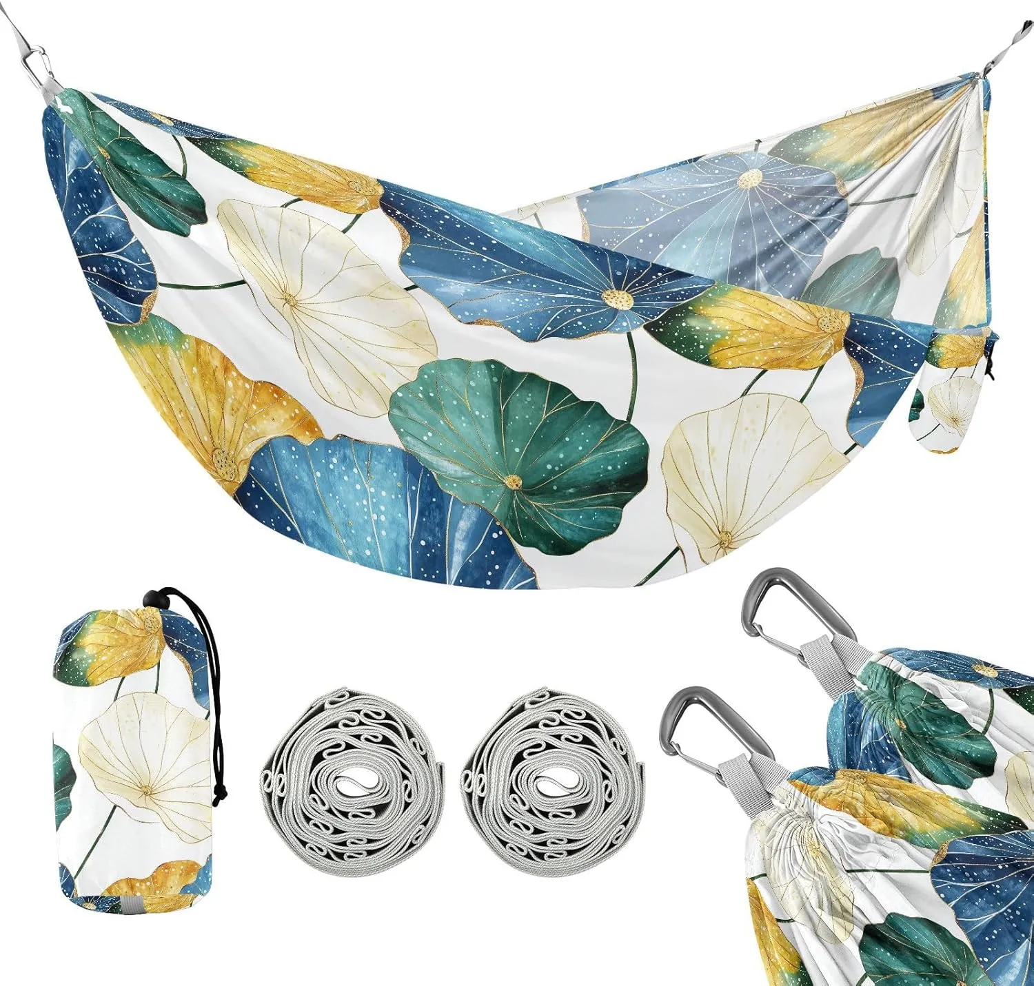 susiyo Portable Camping Hammock Beautiful Lotus Leaves Printed Lightweight Hammock Comfortable Travel Swing with Tree Straps for Camping Hiking Backpacking Travel or Beach - Up to 330lbs
