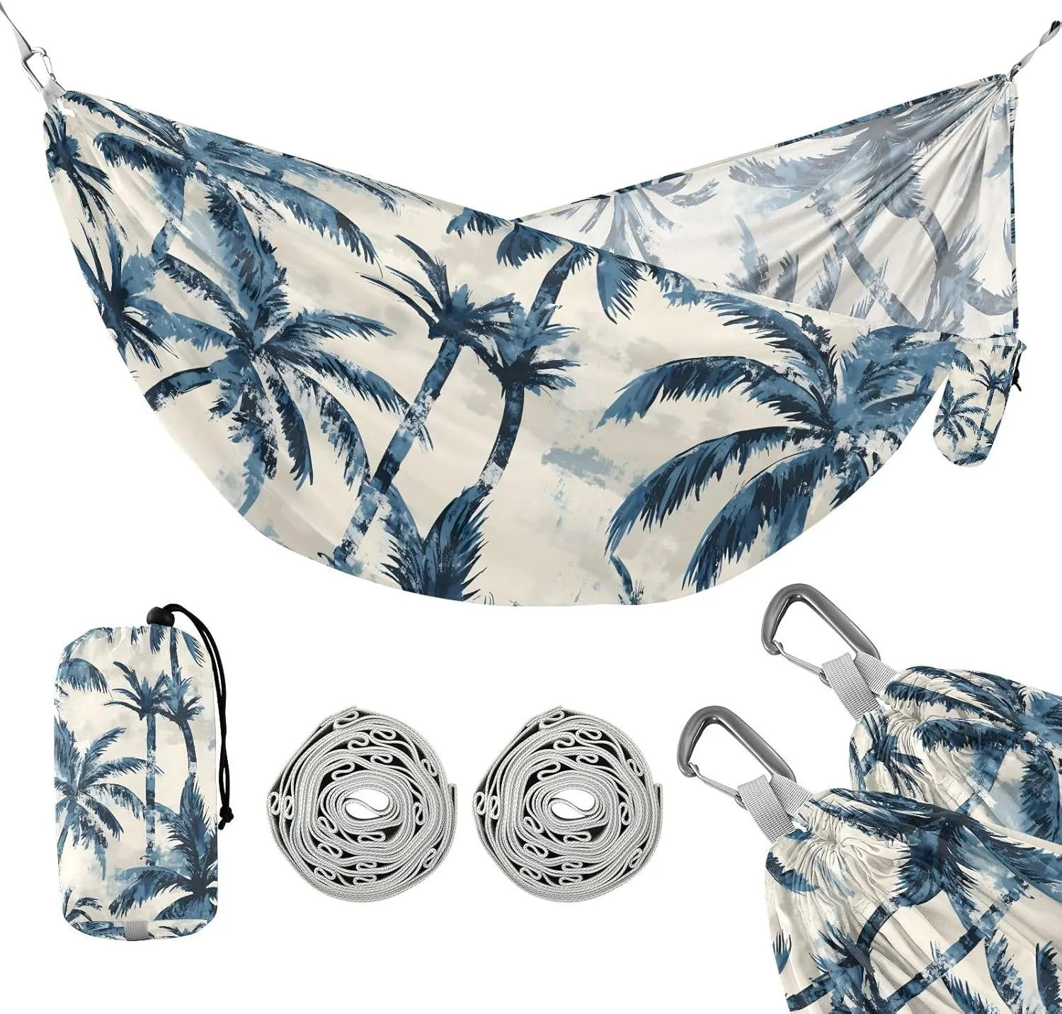 susiyo Portable Camping Hammock Blue Palm Trees Printed Lightweight Hammock Comfortable Travel Swing with Tree Straps for Camping Hiking Backpacking Travel or Beach - Up to 330lbs