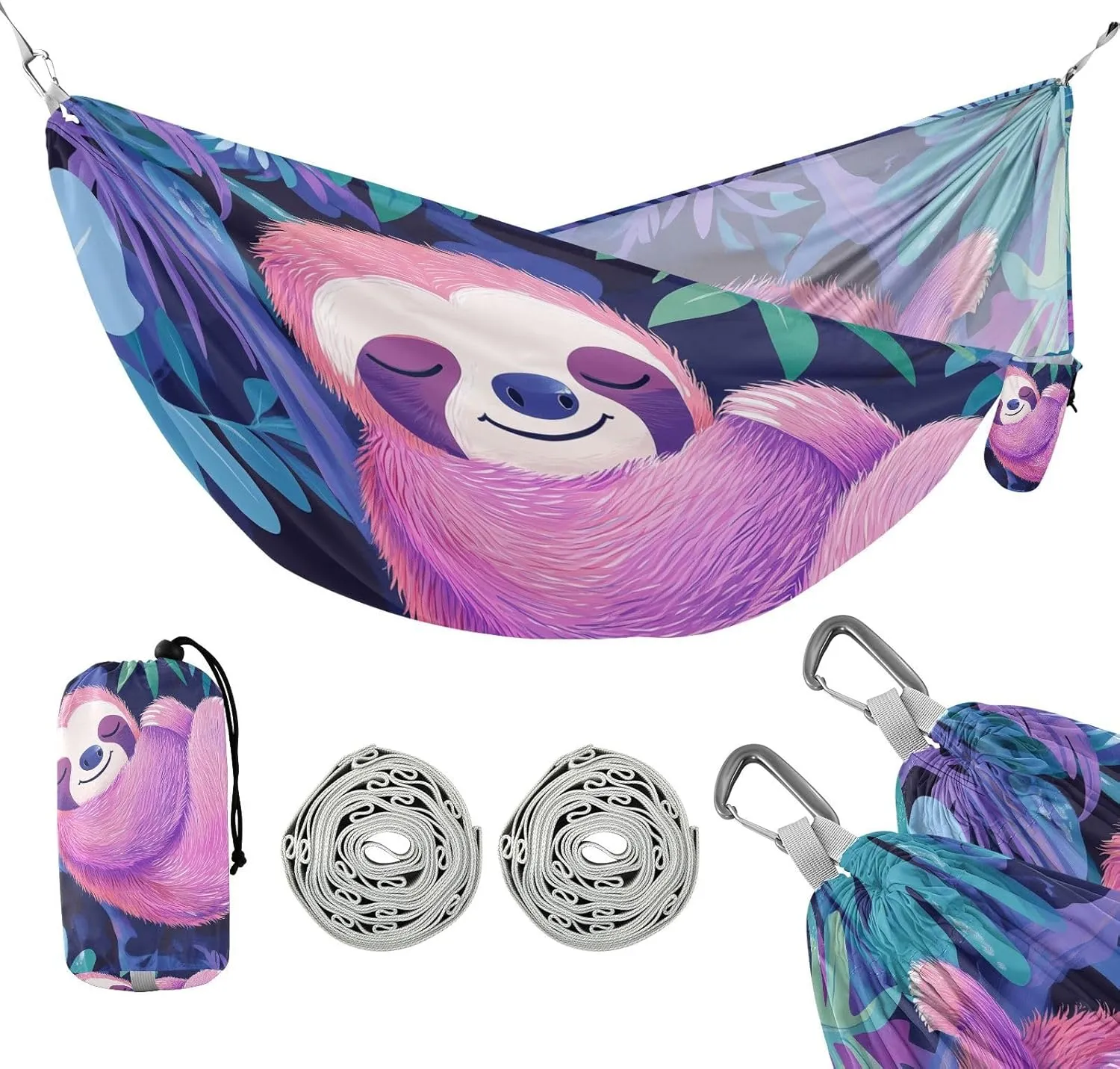 susiyo Portable Camping Hammock Cartoon Sloth Tropical Leaves Printed Lightweight Hammock Comfortable Travel Swing with Tree Straps for Camping Hiking Backpacking Travel or Beach - Up to 330lbs