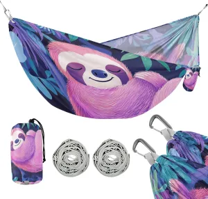 susiyo Portable Camping Hammock Cartoon Sloth Tropical Leaves Printed Lightweight Hammock Comfortable Travel Swing with Tree Straps for Camping Hiking Backpacking Travel or Beach - Up to 330lbs