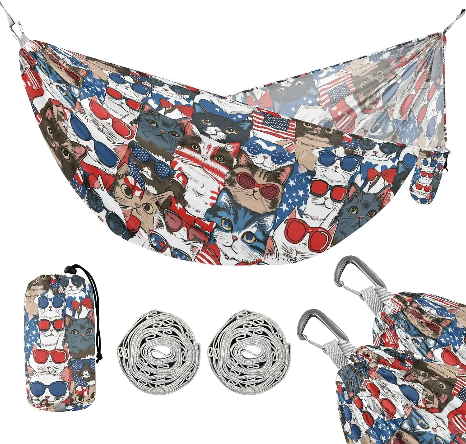 susiyo Portable Camping Hammock Funny Patriotic Cat Printed Lightweight Hammock Comfortable Travel Swing with Tree Straps for Camping Hiking Backpacking Travel or Beach - Up to 330lbs