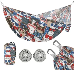 susiyo Portable Camping Hammock Funny Patriotic Cat Printed Lightweight Hammock Comfortable Travel Swing with Tree Straps for Camping Hiking Backpacking Travel or Beach - Up to 330lbs