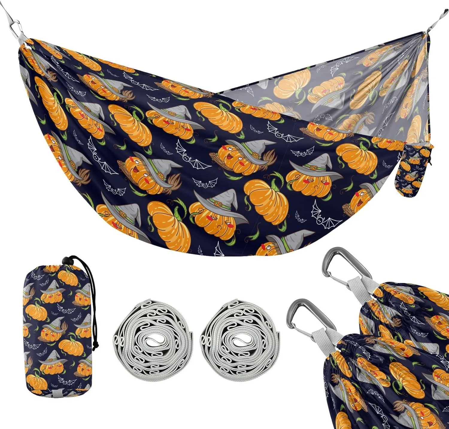 susiyo Portable Camping Hammock Kawaii Funny Halloween Pumpkins Printed Lightweight Hammock Comfortable Travel Swing with Tree Straps for Camping Hiking Backpacking Travel or Beach - Up to 330lbs