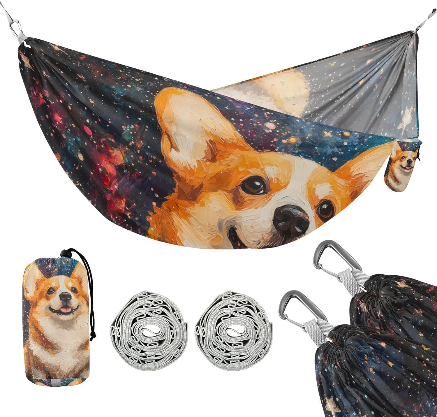 susiyo Portable Camping Hammock Lovely Corgi Dog Printed Lightweight Hammock Comfortable Travel Swing with Tree Straps for Camping Hiking Backpacking Travel or Beach - Up to 330lbs