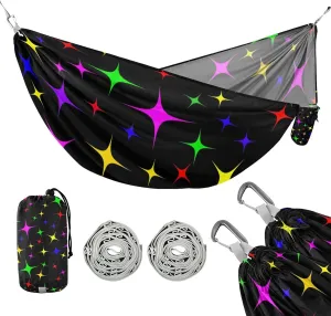 susiyo Portable Camping Hammock Sparkling Multicolored Stars Printed Lightweight Hammock Comfortable Travel Swing with Tree Straps for Camping Hiking Backpacking Travel or Beach - Up to 330lbs