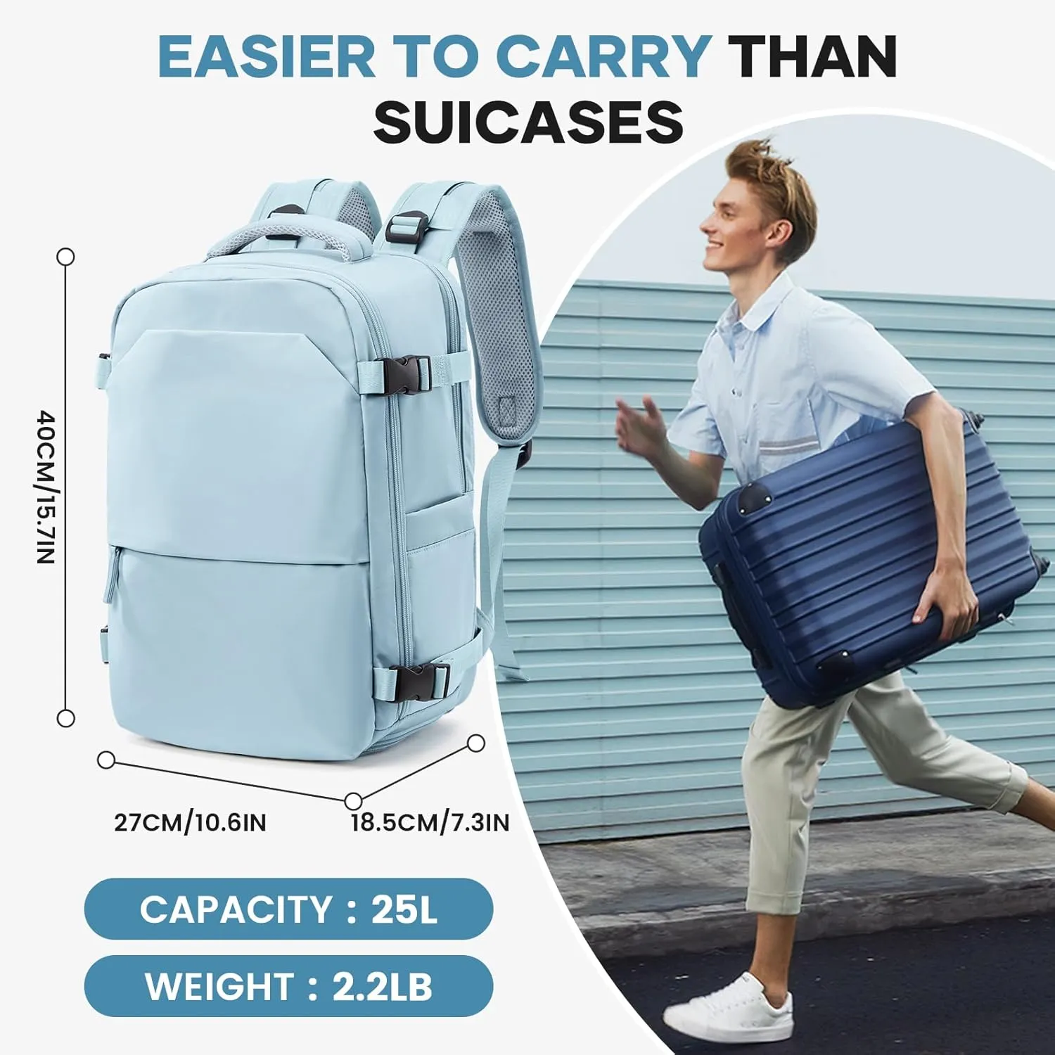 suwasp Travel Backpack for Women Men, 25L Carry on Backpack with Shoe Compartment, Flight Approved Personal Item Travel Bag Water Resistant Laptop Backpack Fits 14" Laptop, Light Blue