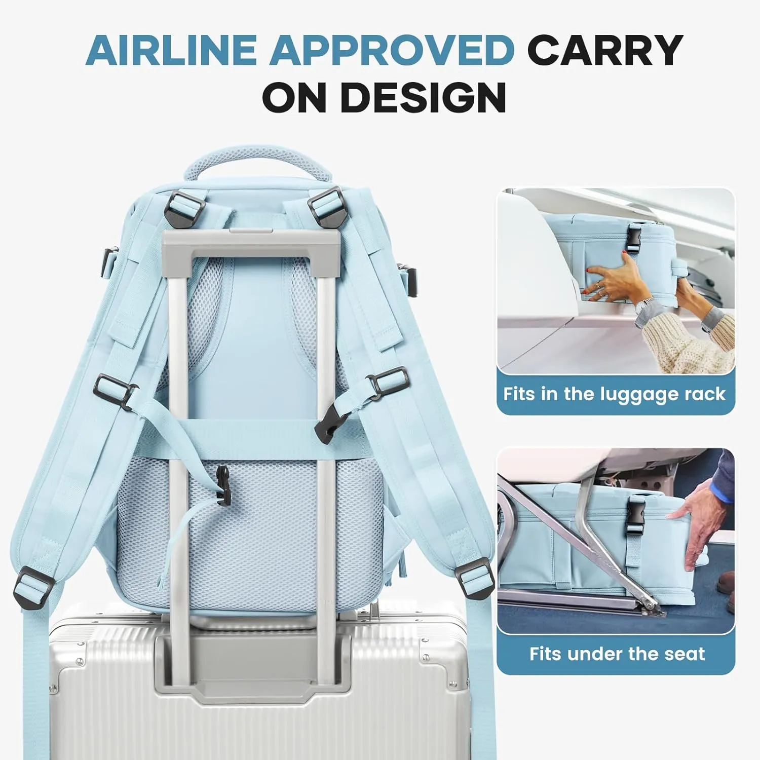 suwasp Travel Backpack for Women Men, 25L Carry on Backpack with Shoe Compartment, Flight Approved Personal Item Travel Bag Water Resistant Laptop Backpack Fits 14" Laptop, Light Blue