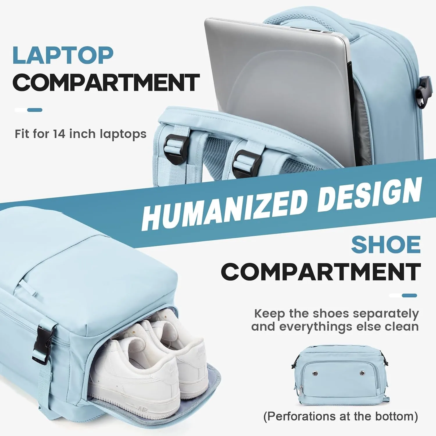 suwasp Travel Backpack for Women Men, 25L Carry on Backpack with Shoe Compartment, Flight Approved Personal Item Travel Bag Water Resistant Laptop Backpack Fits 14" Laptop, Light Blue