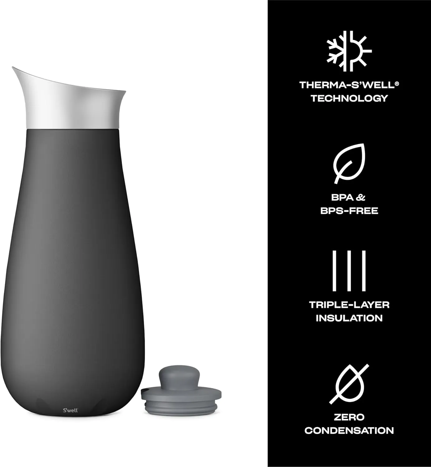 S'well Stainless Steel Carafe with Silicone Lid, 1.5L, Onyx, Triple Layered Vacuum Insulated Container Keeps Drinks Colder for Longer, BPA Free Barware