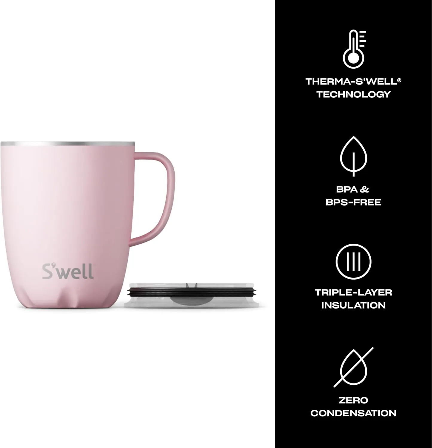 S'well Stainless Steel Mug with Handle, 12oz, Pink Topaz, Triple Layered Vacuum Insulated Containers Keeps Drinks Colder and Hotter for Longer, BPA Free