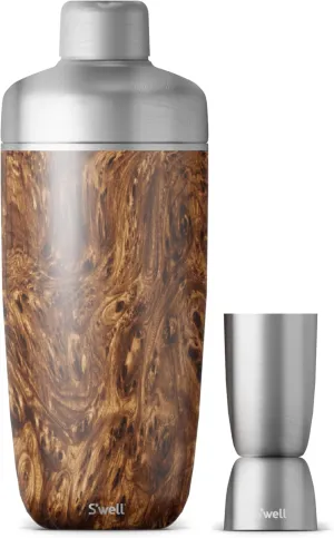 S'well Stainless Steel Shaker Set with Jigger, 18oz, Teakwood, Triple Layered Vacuum Insulated Container Keeps Cocktails Colder for Longer, BPA Free Barware
