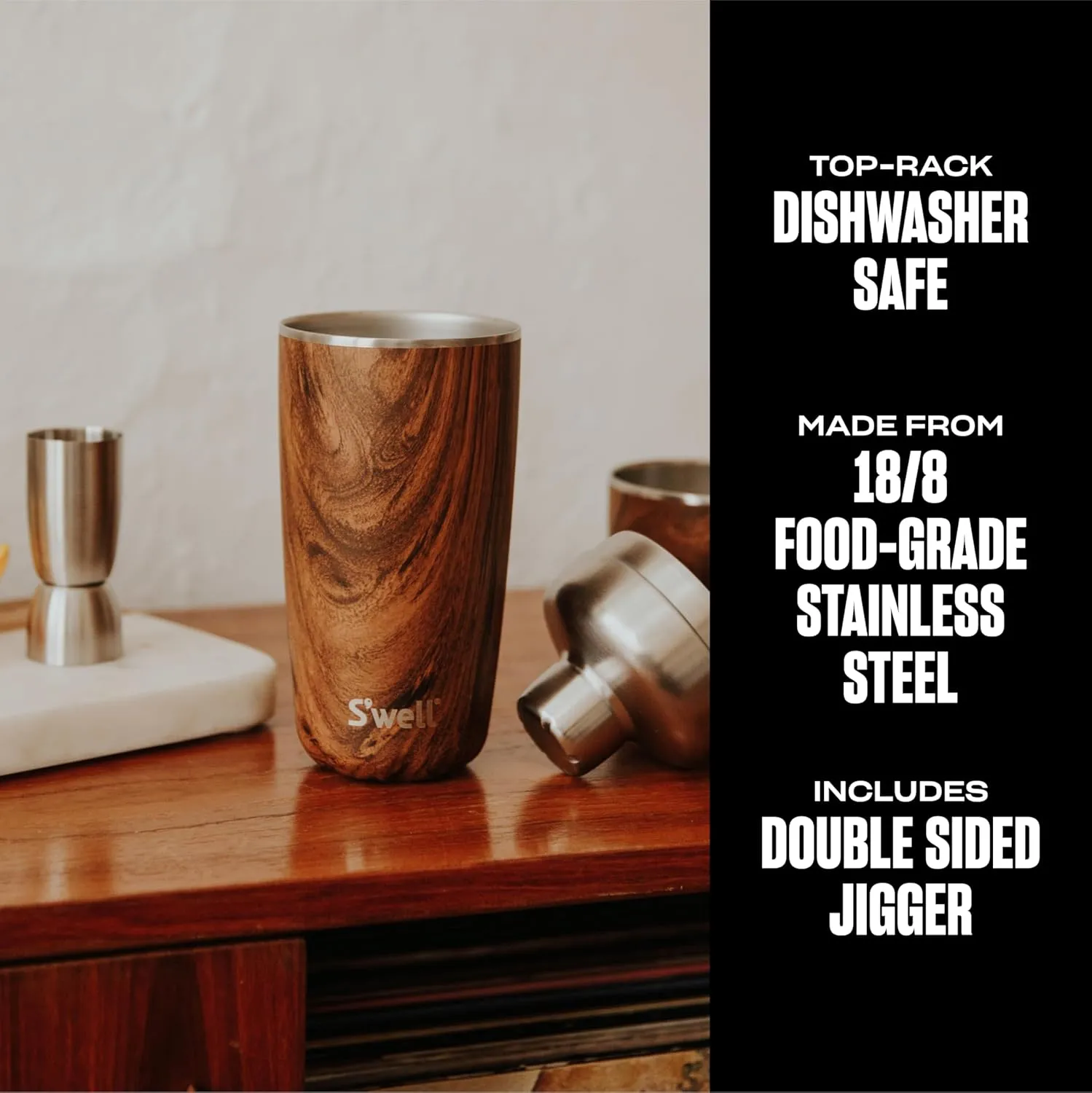 S'well Stainless Steel Shaker Set with Jigger, 18oz, Teakwood, Triple Layered Vacuum Insulated Container Keeps Cocktails Colder for Longer, BPA Free Barware