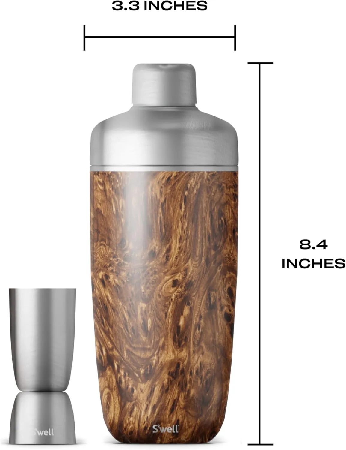 S'well Stainless Steel Shaker Set with Jigger, 18oz, Teakwood, Triple Layered Vacuum Insulated Container Keeps Cocktails Colder for Longer, BPA Free Barware