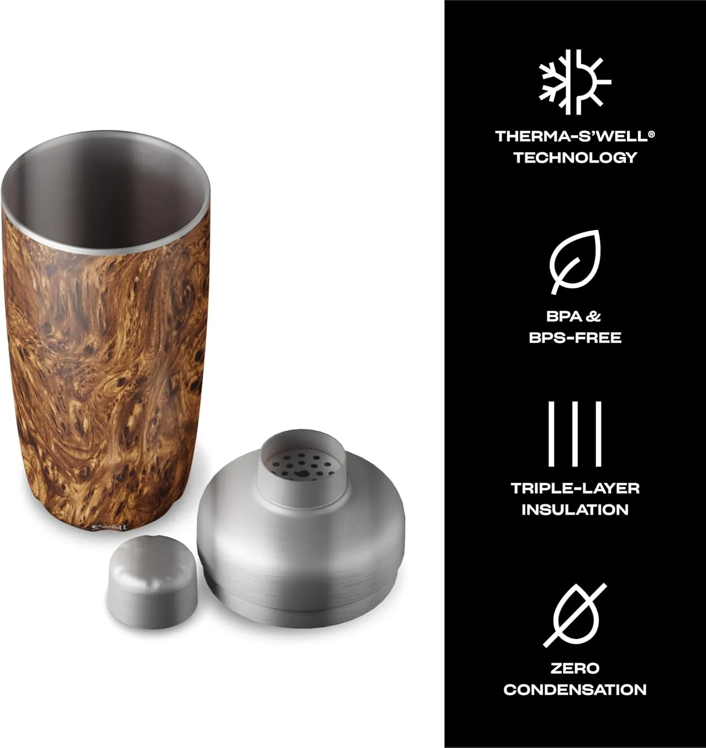 S'well Stainless Steel Shaker Set with Jigger, 18oz, Teakwood, Triple Layered Vacuum Insulated Container Keeps Cocktails Colder for Longer, BPA Free Barware