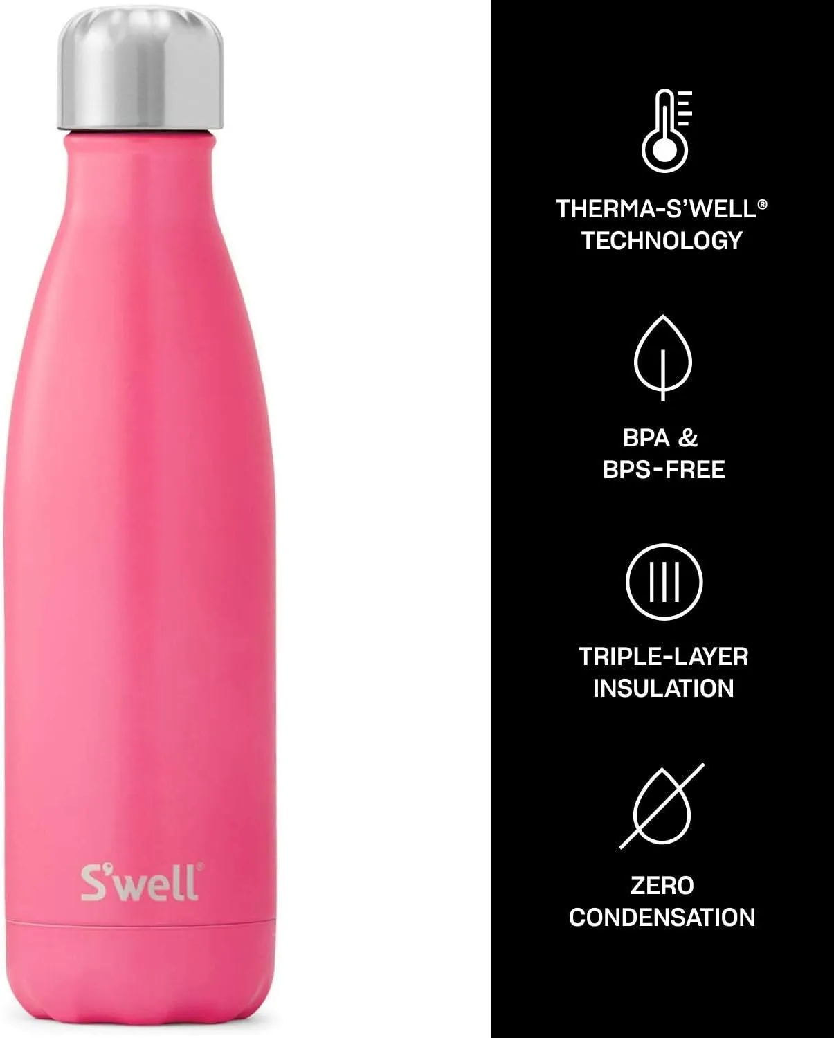 S'well Stainless Steel Water Bottle - 17 Fl Oz - Bikini Pink - Triple-Layered Vacuum-Insulated Containers Keeps Drinks Cold for 36 Hours and Hot for 18 - BPA-Free - Perfect for the Go