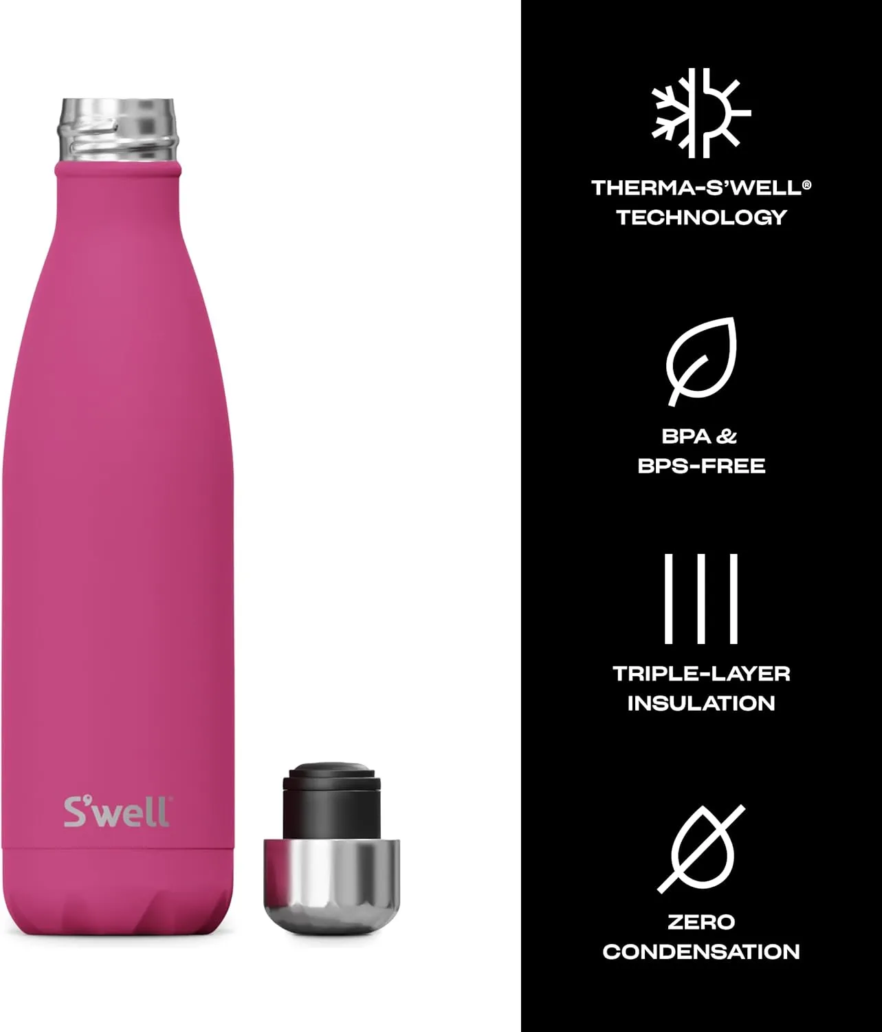 S'well Stainless Steel Water Bottle, 17oz, Azalea Pink, Triple Layered Vacuum Insulated Containers Keeps Drinks Cold for 36 Hours and Hot for 18, BPA Free, Perfect for On the Go