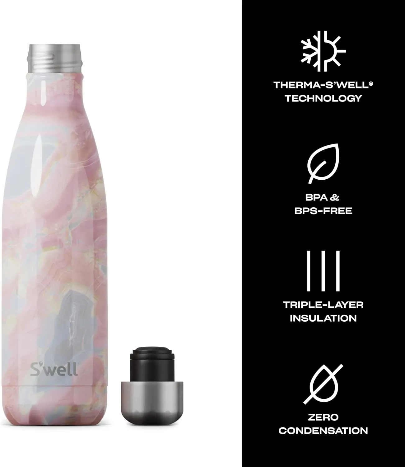 S'well Stainless Steel Water Bottle, 17oz, Geode Rose, Triple Layered Vacuum Insulated Containers Keeps Drinks Cold for 36 Hours and Hot for 18, BPA Free, Perfect for On the Go