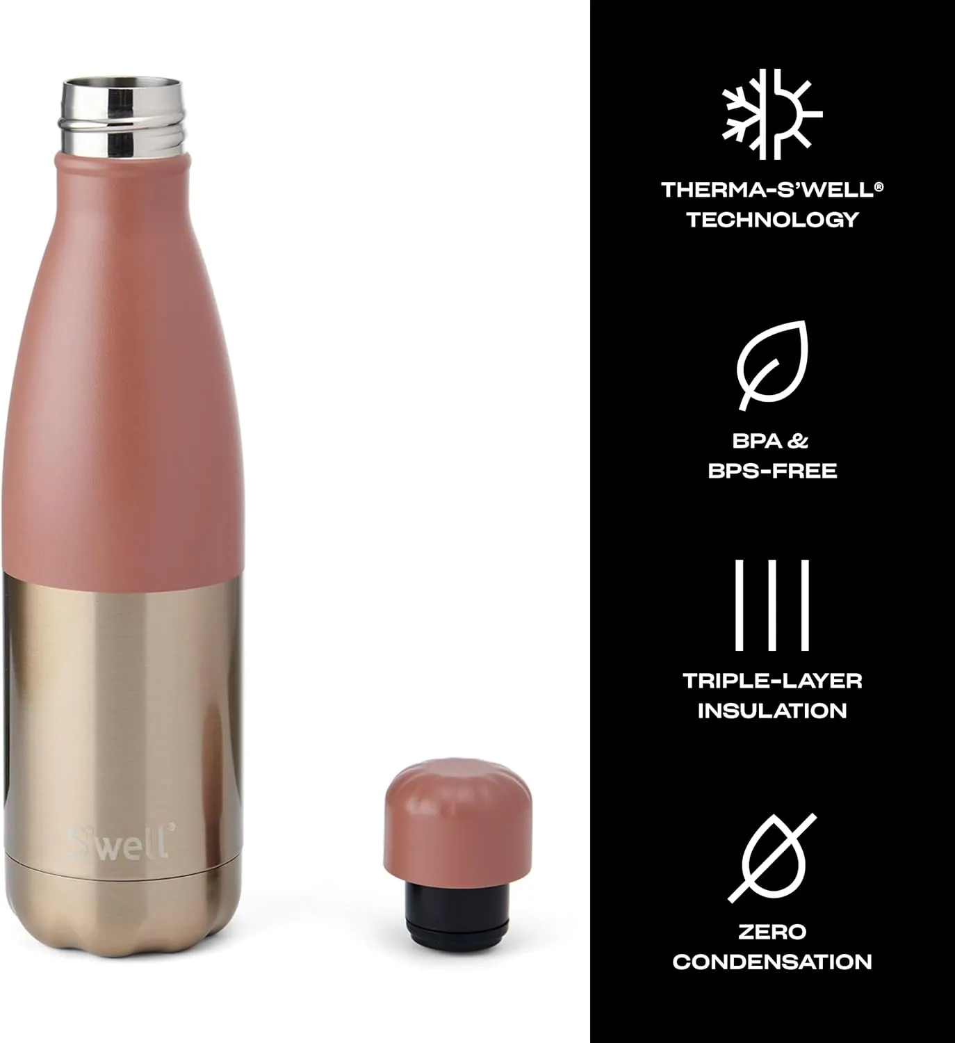S'well Stainless Steel Water Bottle, 17oz, Mauve Pyrite, Triple Layered Vacuum Insulated Containers Keeps Drinks Cold for 36 Hours and Hot for 18, BPA Free, Perfect for On the Go