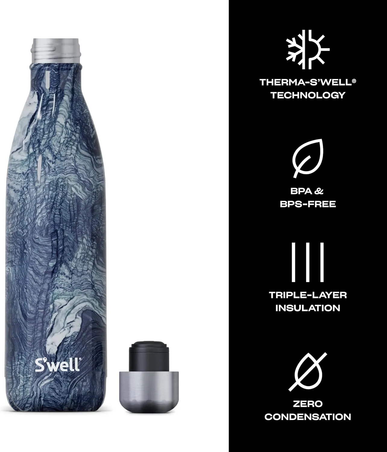 S'well Stainless Steel Water Bottle, 25oz, Azurite Marble, Triple Layered Vacuum Insulated Containers Keeps Drinks Cold for 48 Hours and Hot for 24, BPA Free, Perfect for On the Go