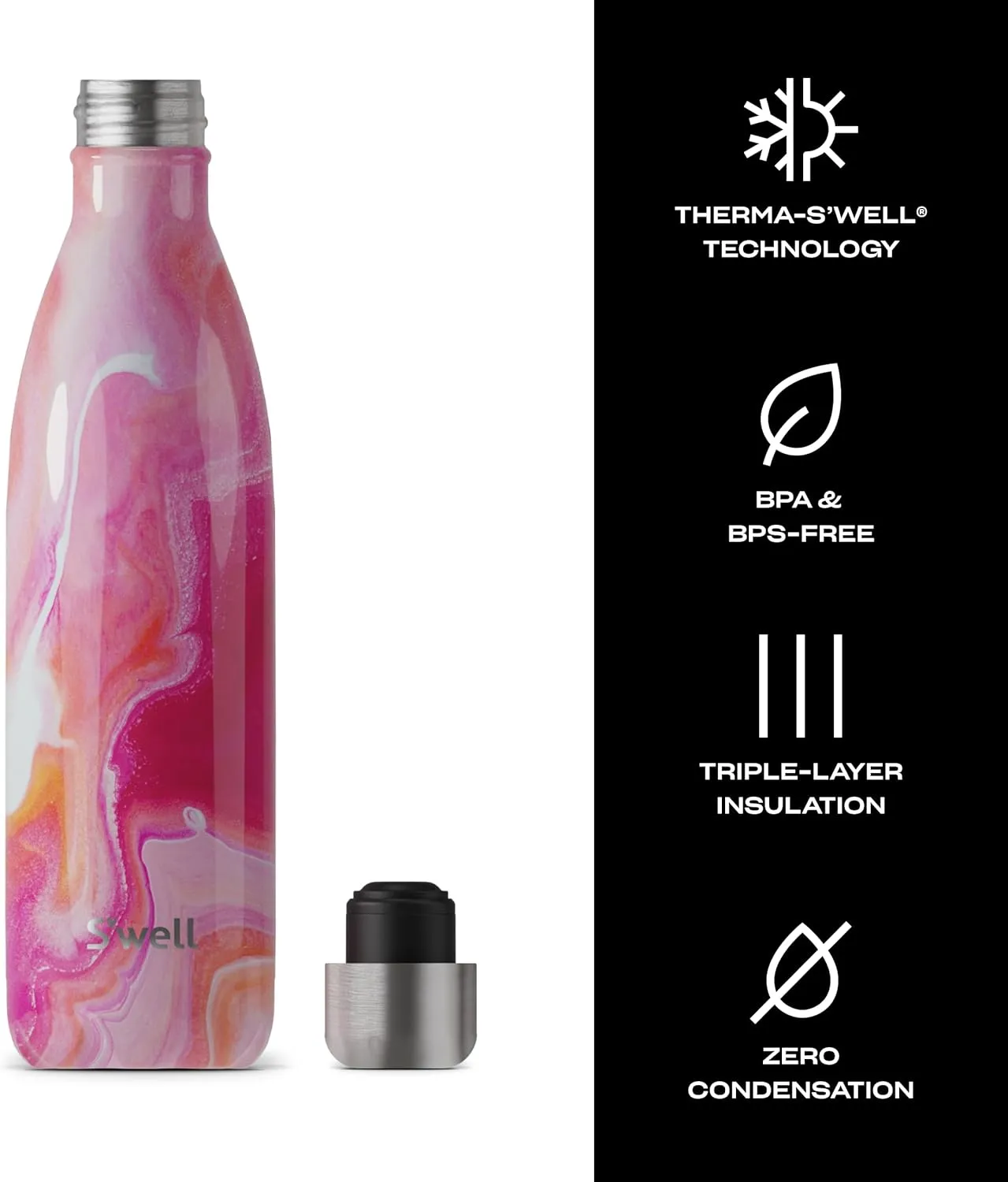 S'well Stainless Steel Water Bottle, 25oz, Rose Agate, Triple Layered Vacuum Insulated Containers Keeps Drinks Cold for 48 Hours and Hot for 24, BPA Free, Perfect for On the Go