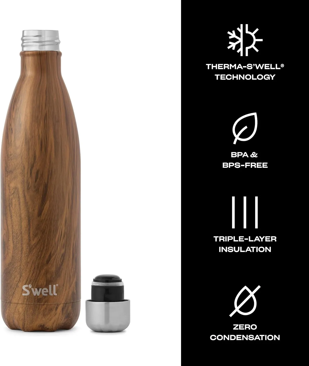 S'well Stainless Steel Water Bottle, 25oz, Teakwood, Triple Layered Vacuum Insulated Containers Keeps Drinks Cold for 48 Hours and Hot for 24, BPA Free, Perfect for On the Go