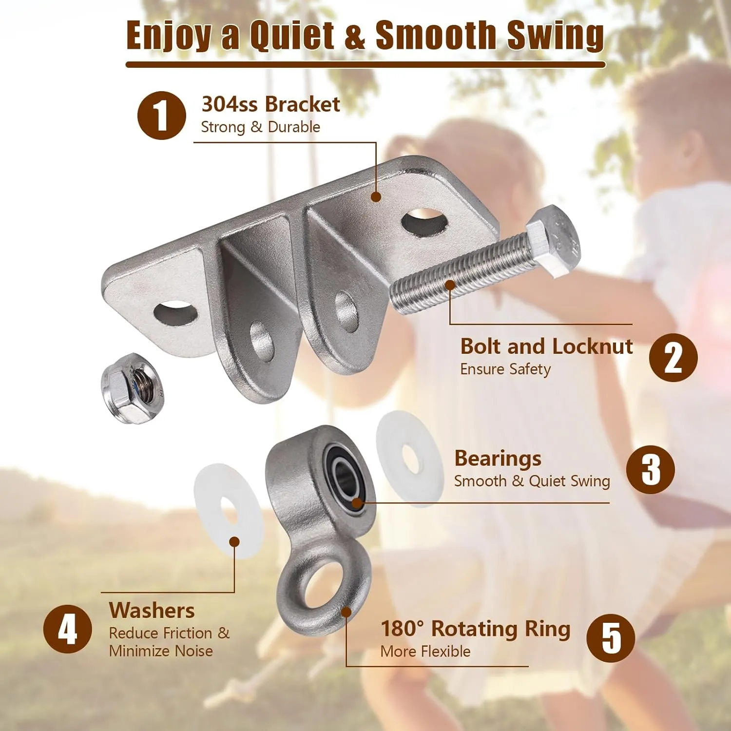 Swing Hangers 304 Stainless Steel with Locking Snap Hooks, Heavy Duty Swing Hardwares for Porch, Patio, Playground, Indoor and Outdoor, 2400 lb Capacity, Screws and Bolts Included, 2 Pack