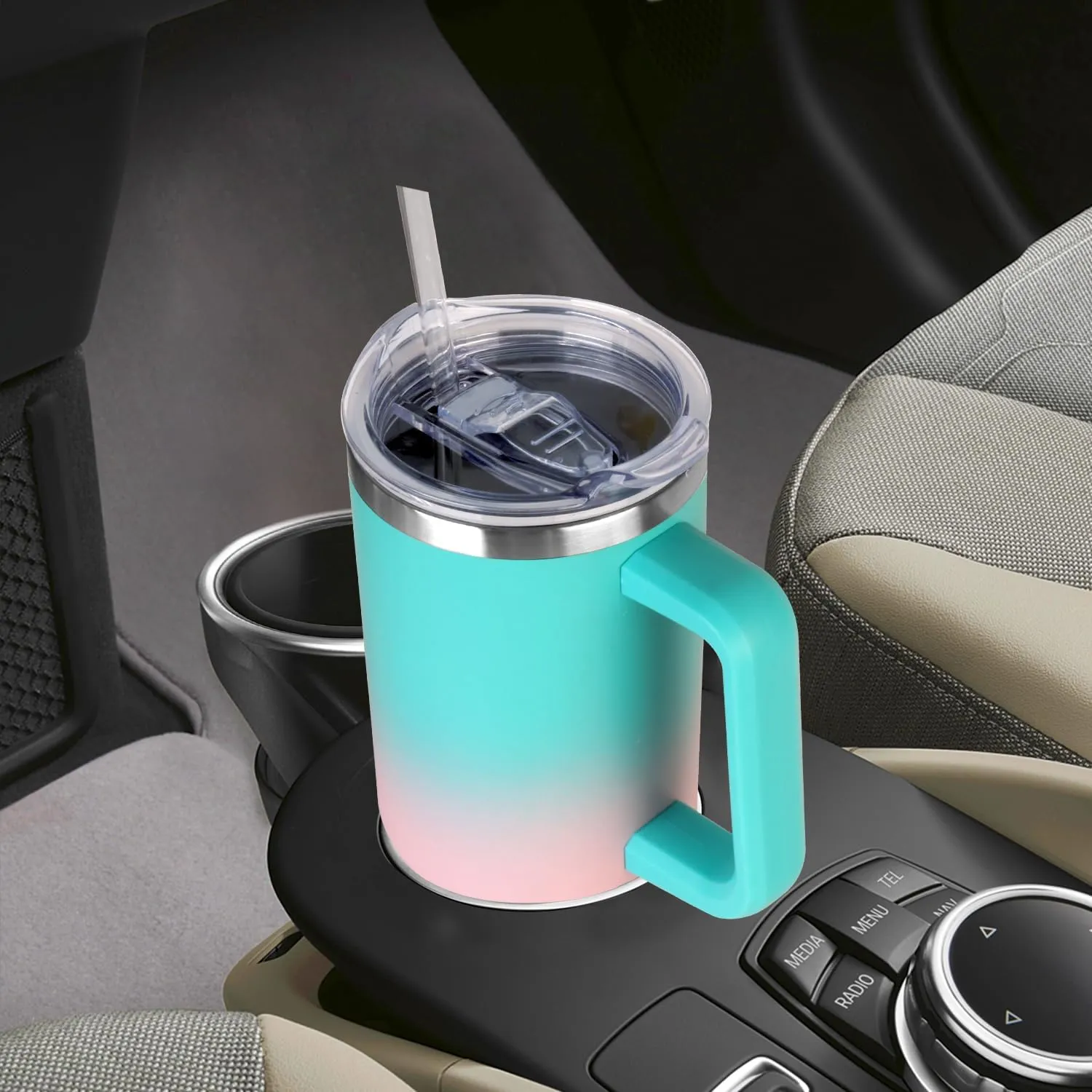 SYACOT 40 oz Tumbler with Handle and Straw Stainless Steel Insulated Tumbler Leak Proof Lid and Straw Lid Reusable Travel Mug Coffee Mug Cup Dishwasher Safe Keep Drinks Cold and Hot (Bubble Gum)