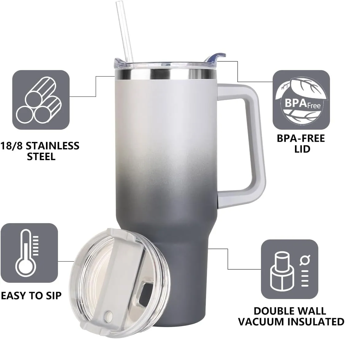 SYACOT 40 oz Tumbler with Handle and Straw Stainless Steel Insulated Tumbler Leak Proof Lid and Straw Lid Reusable Travel Mug Coffee Mug Cup Dishwasher Safe Keep Drinks Cold and Hot (Grey&Black)