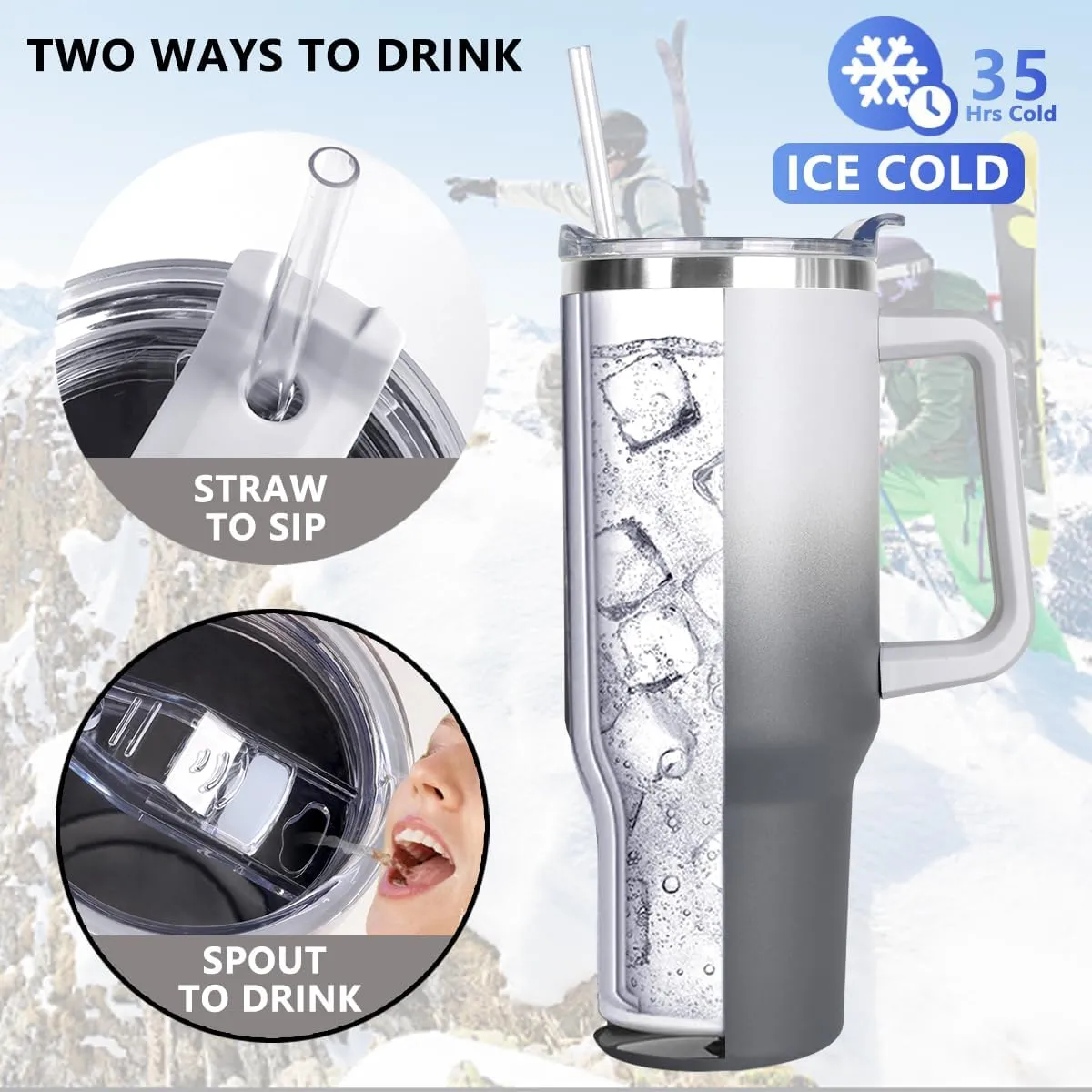 SYACOT 40 oz Tumbler with Handle and Straw Stainless Steel Insulated Tumbler Leak Proof Lid and Straw Lid Reusable Travel Mug Coffee Mug Cup Dishwasher Safe Keep Drinks Cold and Hot (Grey&Black)