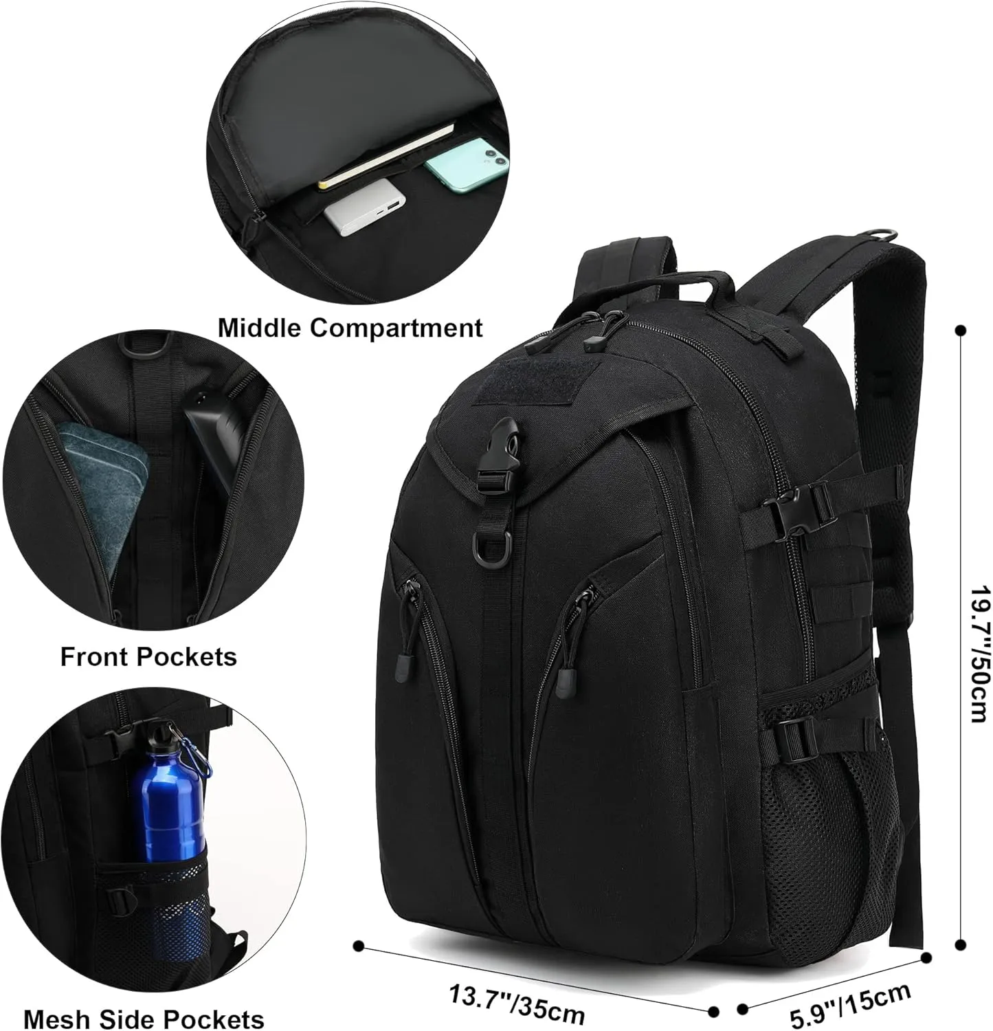 Tactical Backpack Boys School Backpacks Mens College Bookbags for Kids Teens Adults Camping Hiking Traveling (Black)