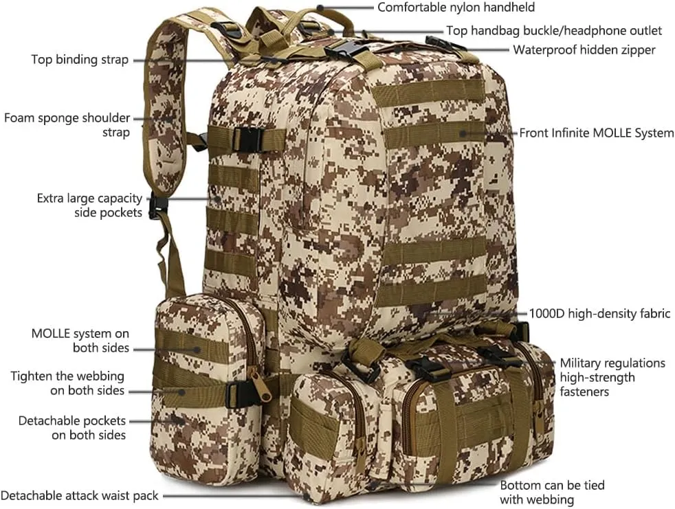 Tactical Backpack Military Army Rucksack 60L Large Assault Pack Detachable Molle Bag (Desert Digital)